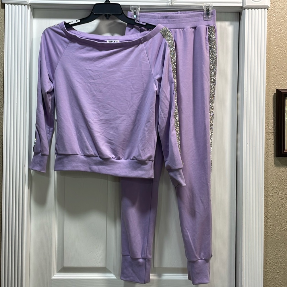 Two piece bling out sweatsuit with oversize neck and pants with pockets